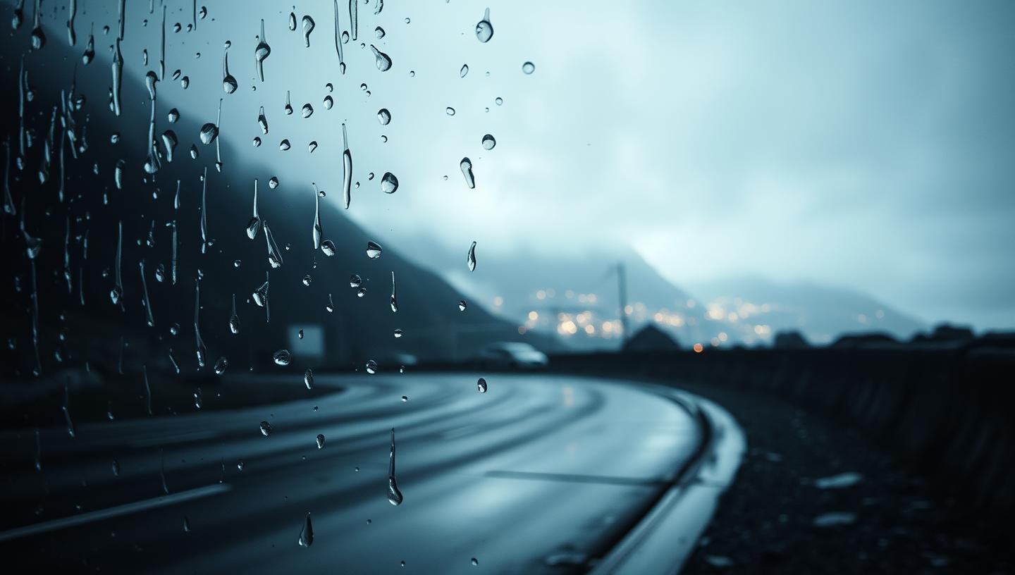 Melancholic City Rain: Moody Window View, Misty Mountains, Contemplative Glow
 | Unfold Lens