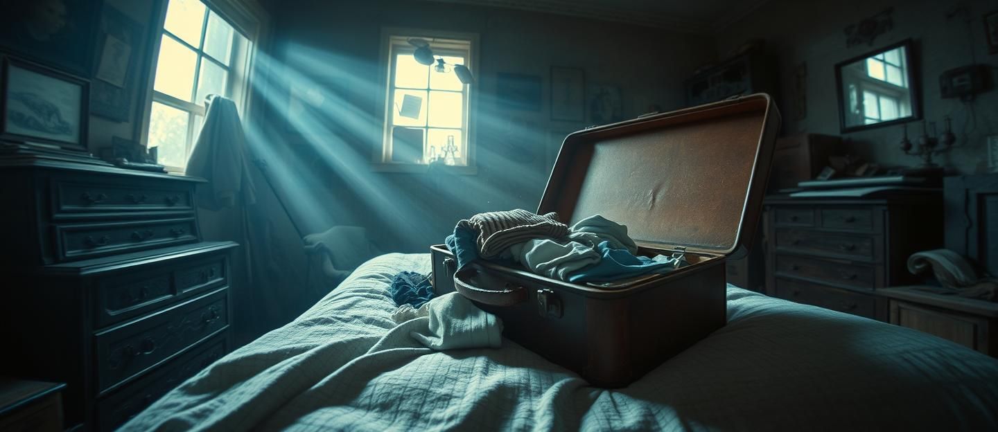Melancholic Morning: Antique Shop Suitcase Spill, Sad Departure Story, 8k | Unfold Lens
