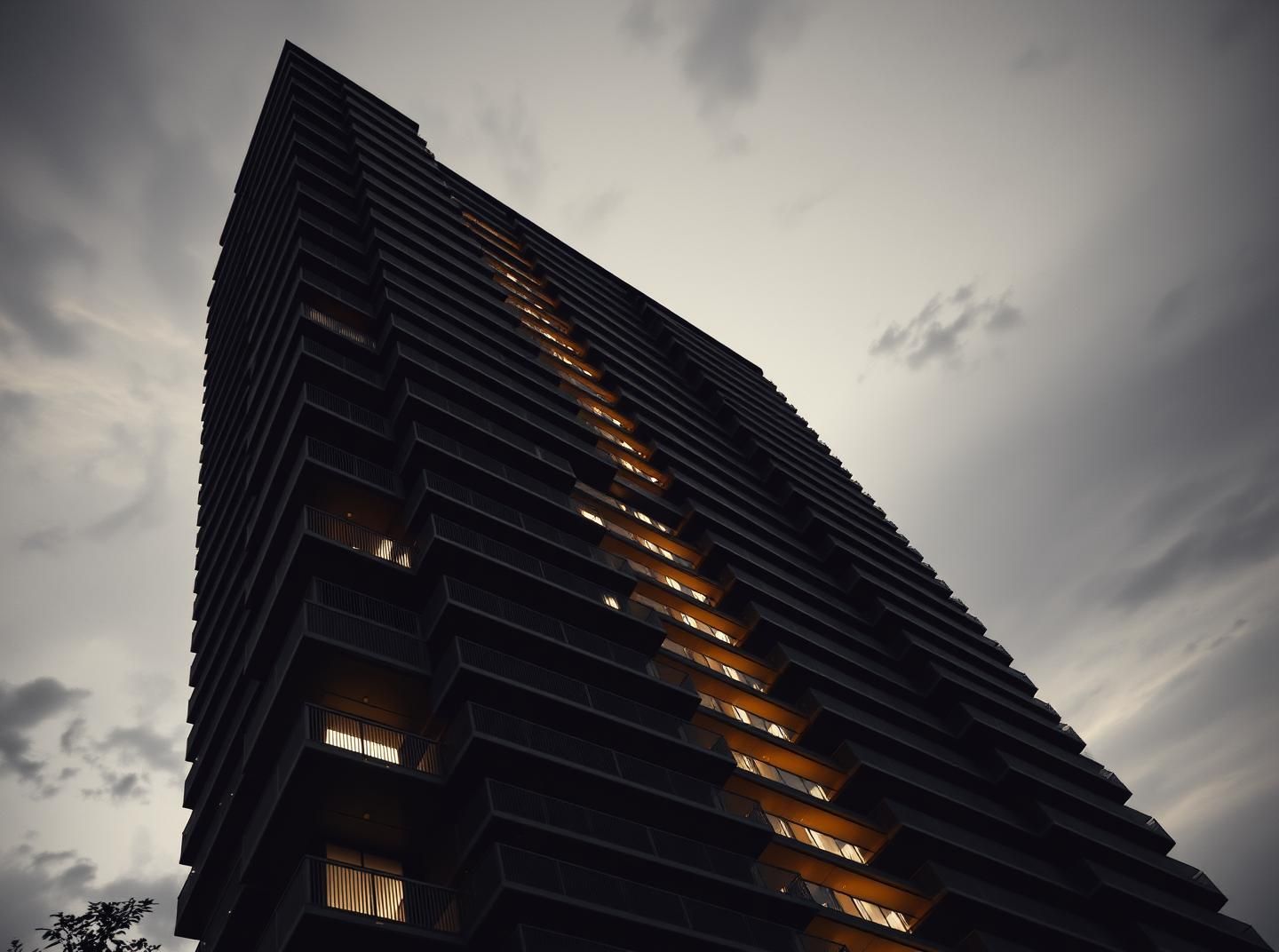 Minimalist Balcony Architecture: Ascending Geometric Silhouette at Twilight 
 | Unfold Lens