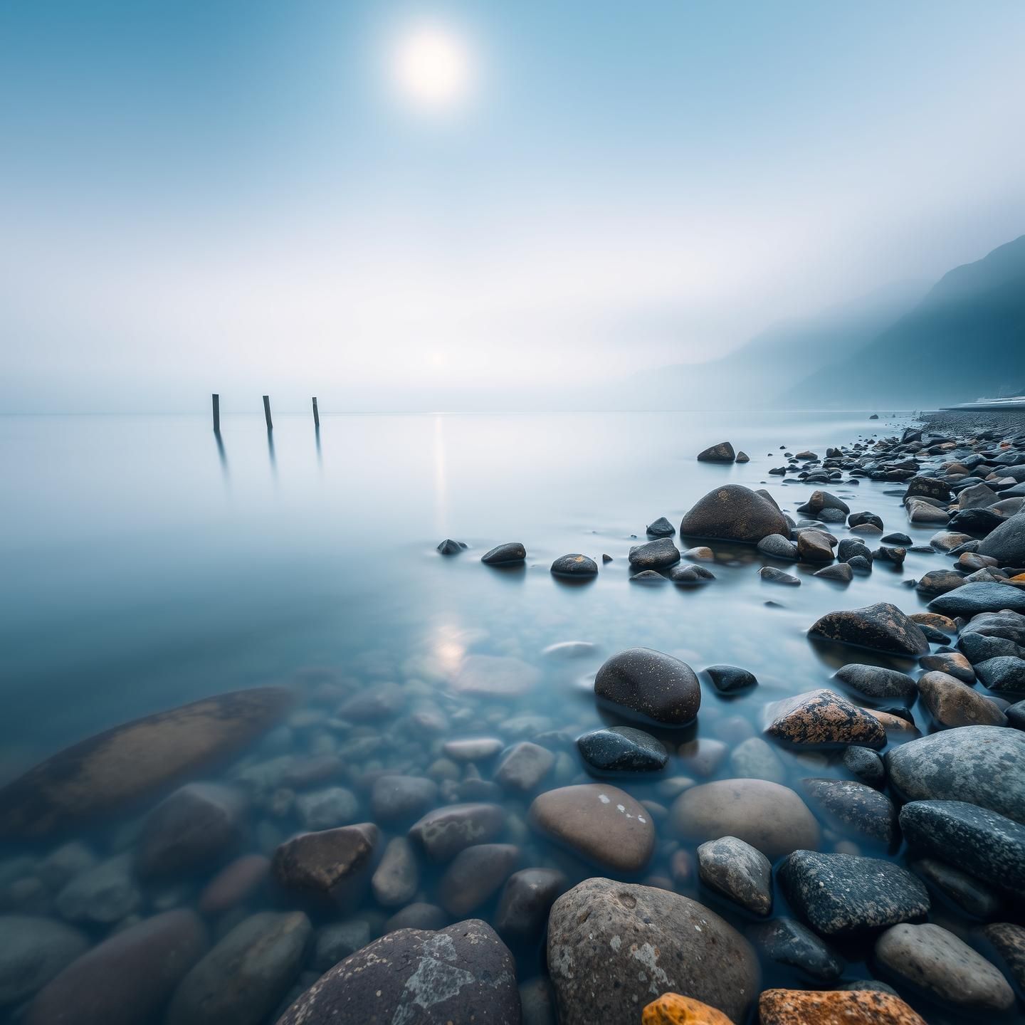 Minimalist Coastal Serenity: Moonlight Pier, Misty Sea & Dreamy Mountain Stream
 | Unfold Lens