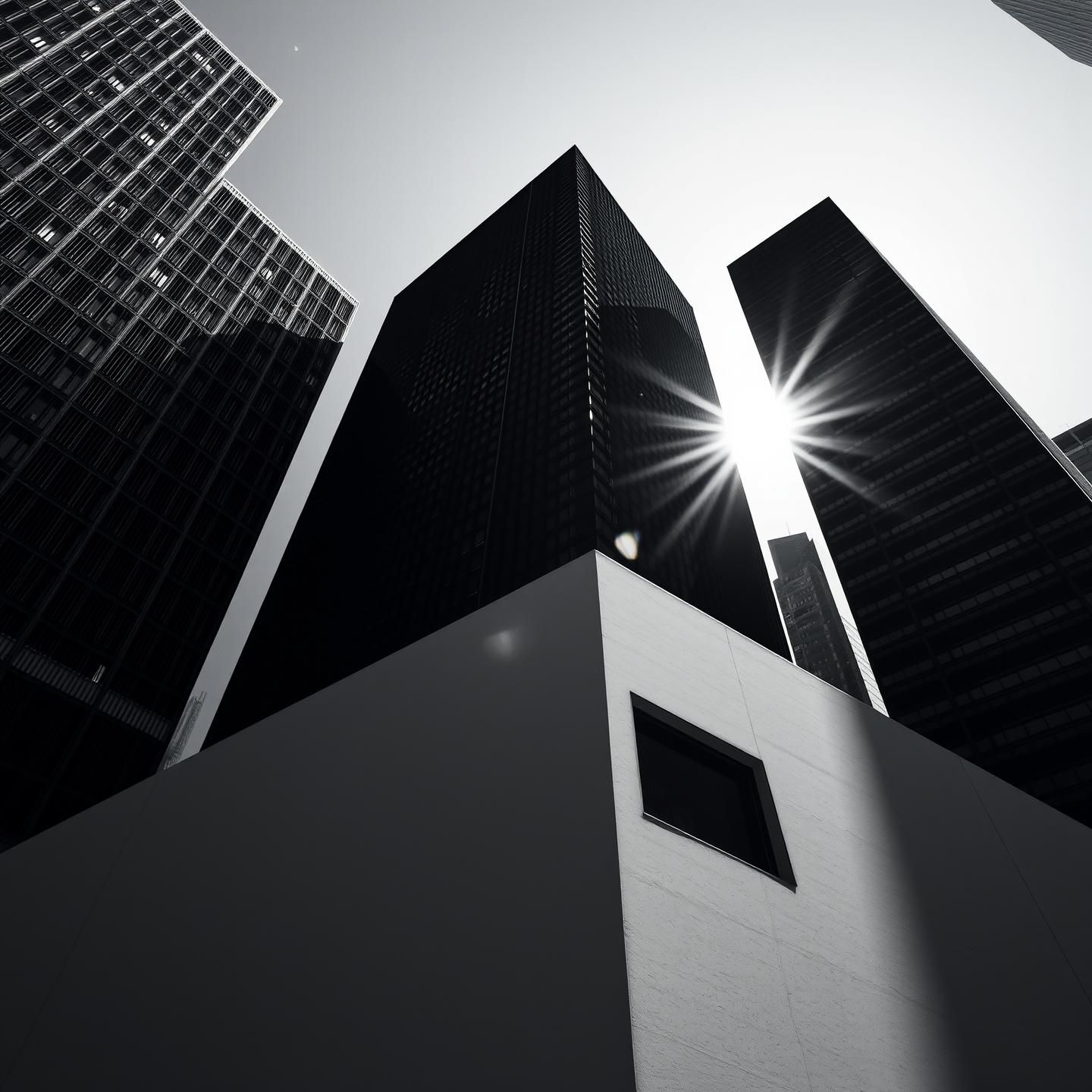 Minimalist Concrete Building in Cityscape: Stark Shadows & Intense Sunlight
 | Unfold Lens
