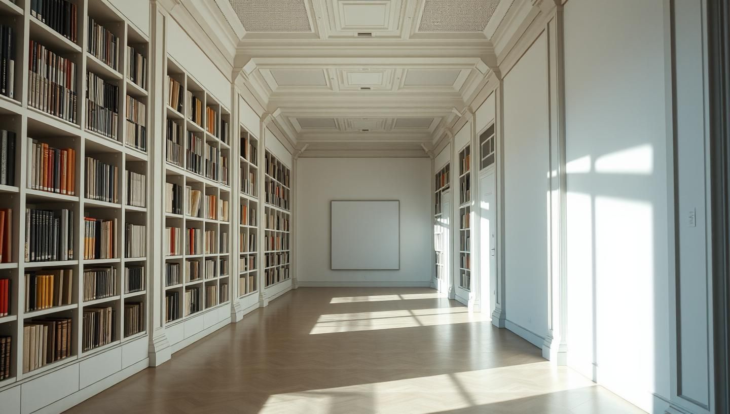 Minimalist Gallery Meets Library: Geometric Light, Hygge Style. 8k Masterpiece
 | Unfold Lens