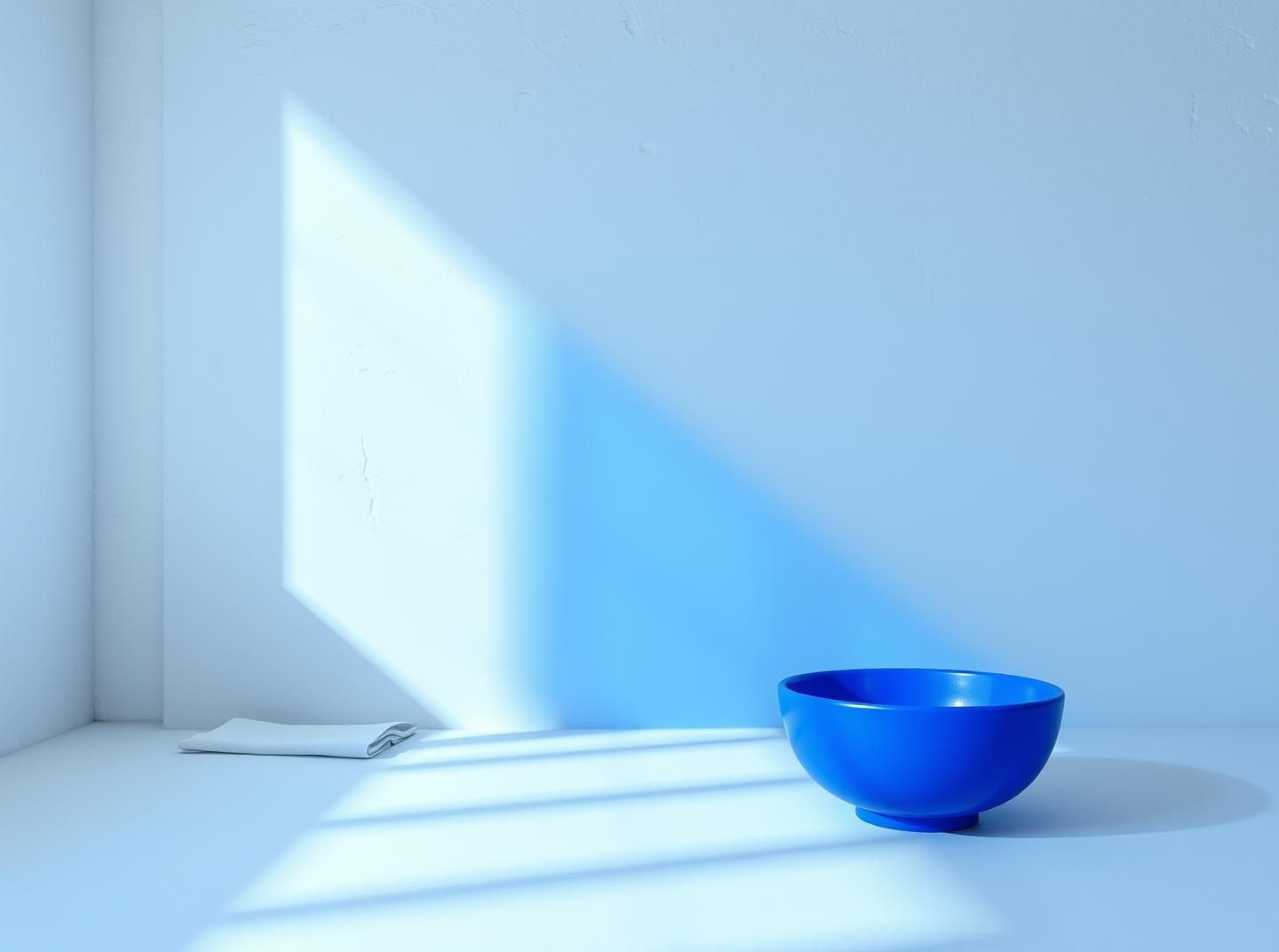 Minimalist Interior: Cobalt Blue Accent, White Plaster, Linen. Serene Design | Unfold Lens