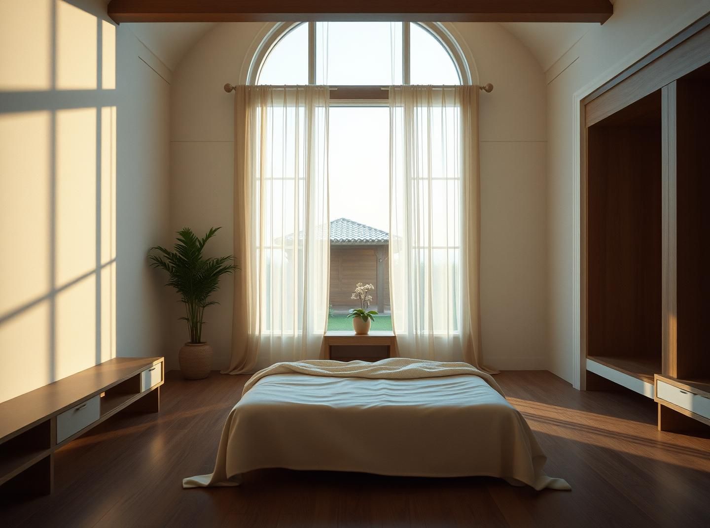 Minimalist Temple Bedroom: Cozy, Ethereal Twilight - Fine-Grain Architectural Film | Unfold Lens