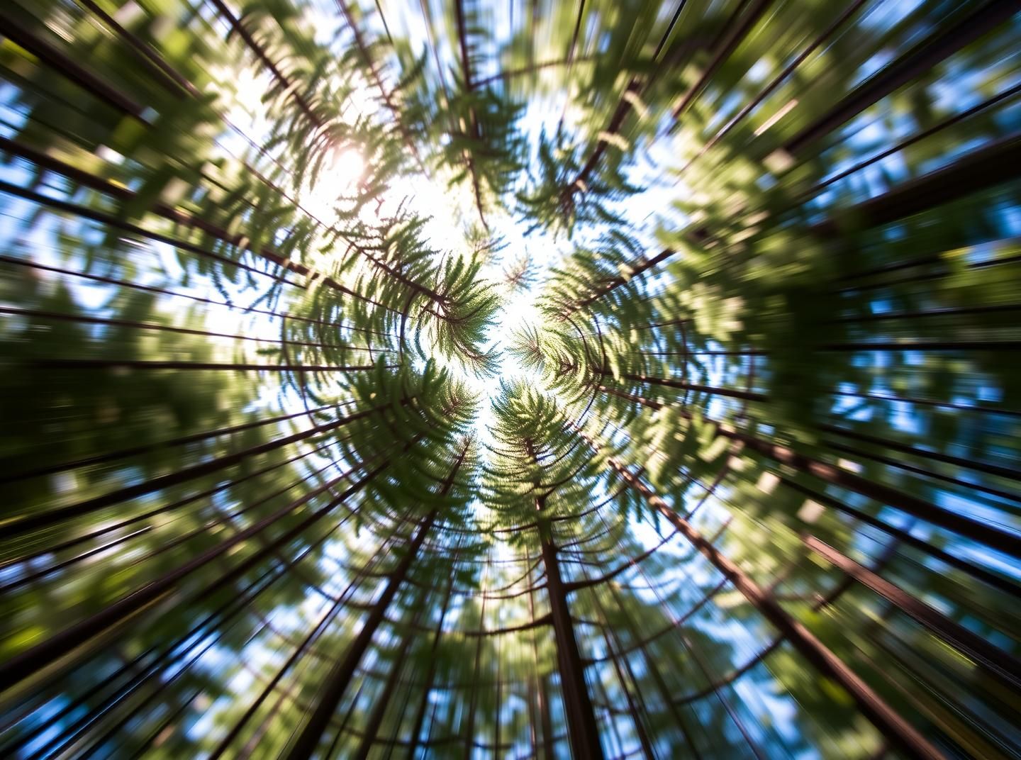 Misty Canopy Zoom Burst: Green Pine Forest in Motion, Sunlight & Shadows 
 | Unfold Lens