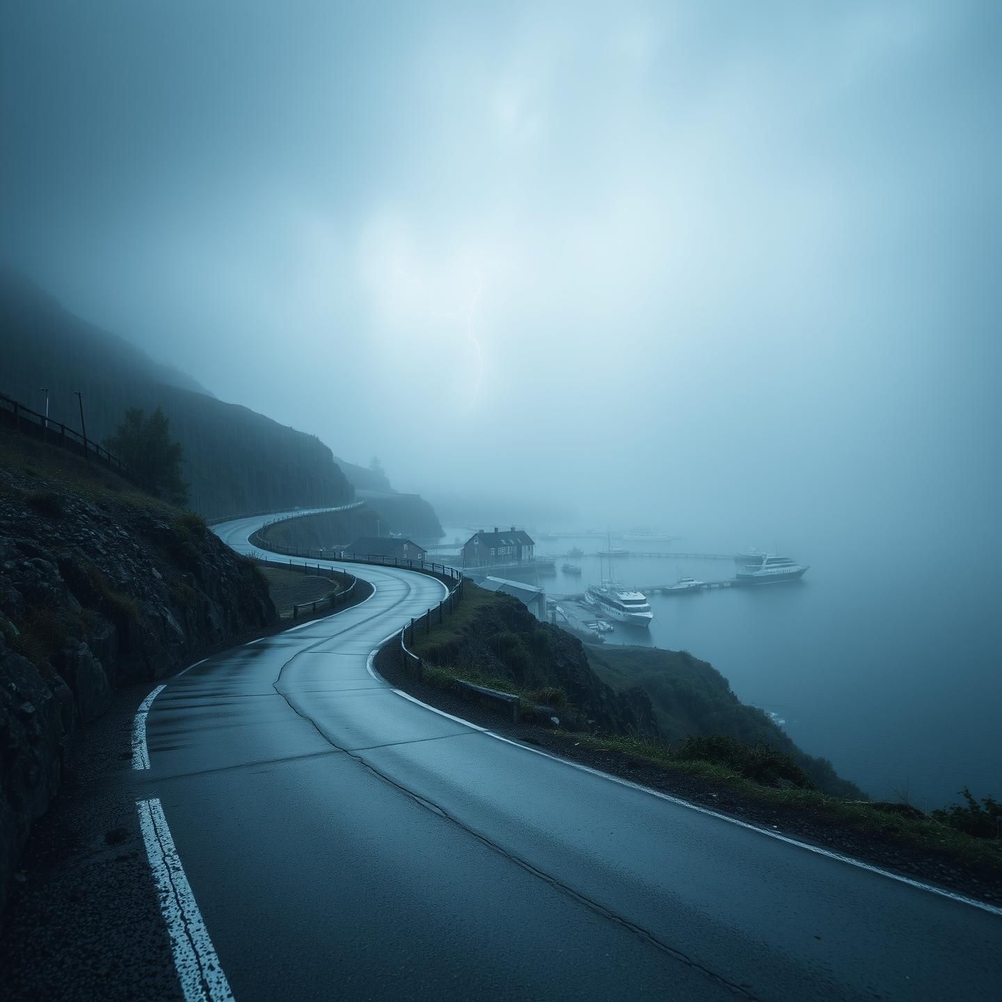 Misty Harbor Descent: Dramatic Mountain Road, Ethereal Rain, & Coastal Village
 | Unfold Lens