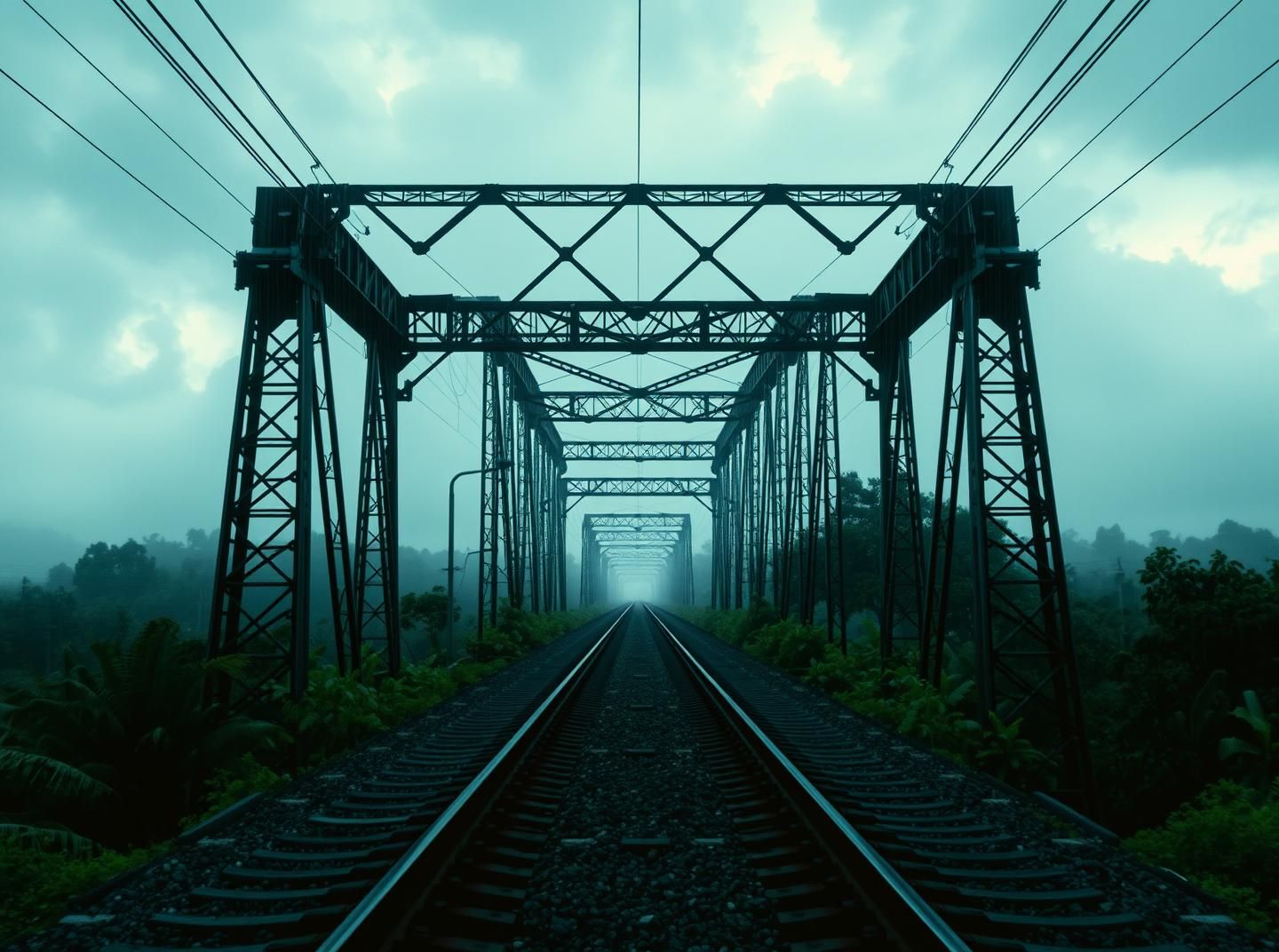 Misty Jungle Railway Bridge at Dusk - Powerful Perspective in 8K
| Unfold Lens