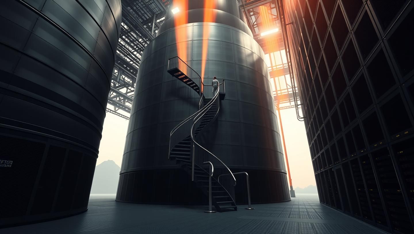 Modern Data Center Ascent: Inspiring Tech, Metal Stairway, 8K Photo
 | Unfold Lens