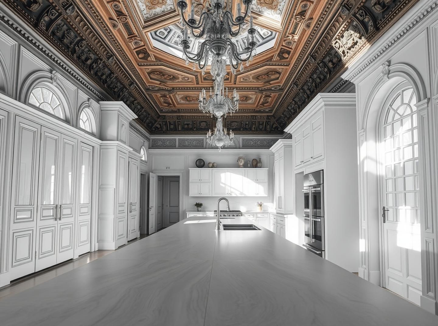 Modern Kitchen in Historic Palace: White Design, Sunlight & Wood Texture
 | Unfold Lens