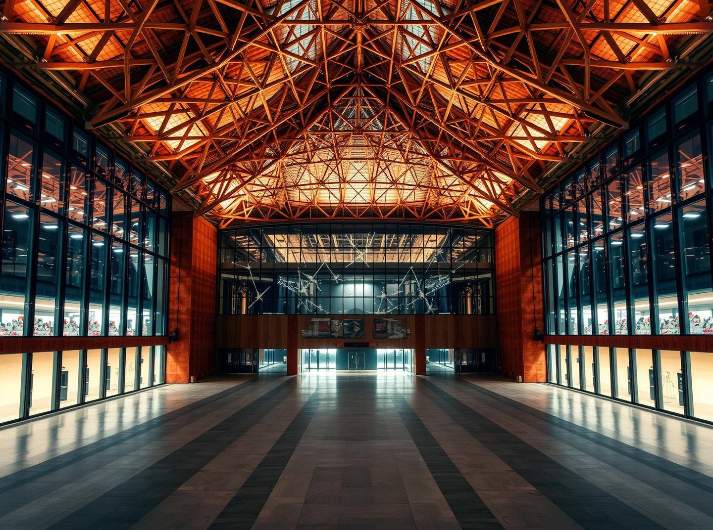 Modern Stadium Lattice Roof in Art Gallery: Geometric Forms & Warm Tones at Night
 | Unfold Lens
