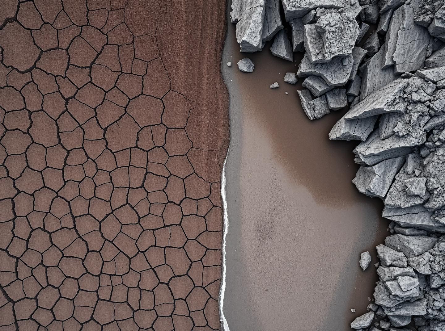 Monochrome Desert Coastline: Hexagonal Mud Meets Rugged Cliffs in Stunning 8K | Unfold Lens