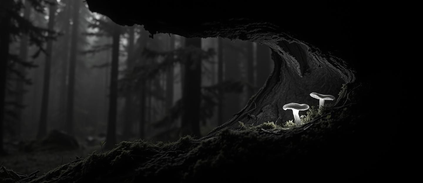 Monochrome Fir Forest Night: Luminous Moss, Light Beam, and Hollow Log Detail | Unfold Lens