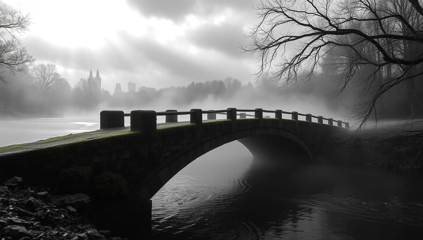 Monochrome Stone Bridge Serenity: Urban Forest Haven in 8k, High Contrast
 | Unfold Lens