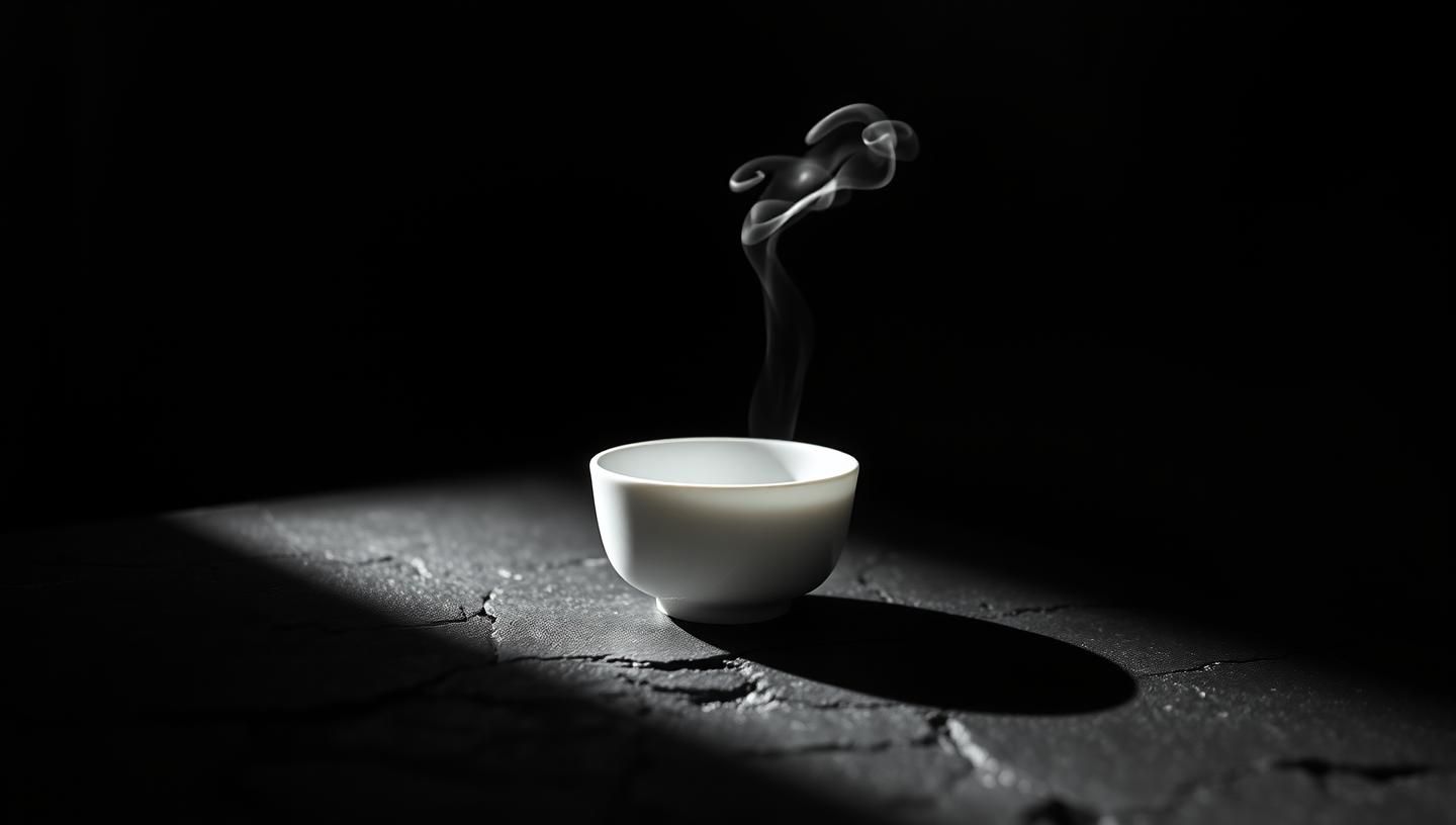 Monochrome Teacup Still Life: Elegant, Minimalist Serenity & Atmospheric Steam
 | Unfold Lens