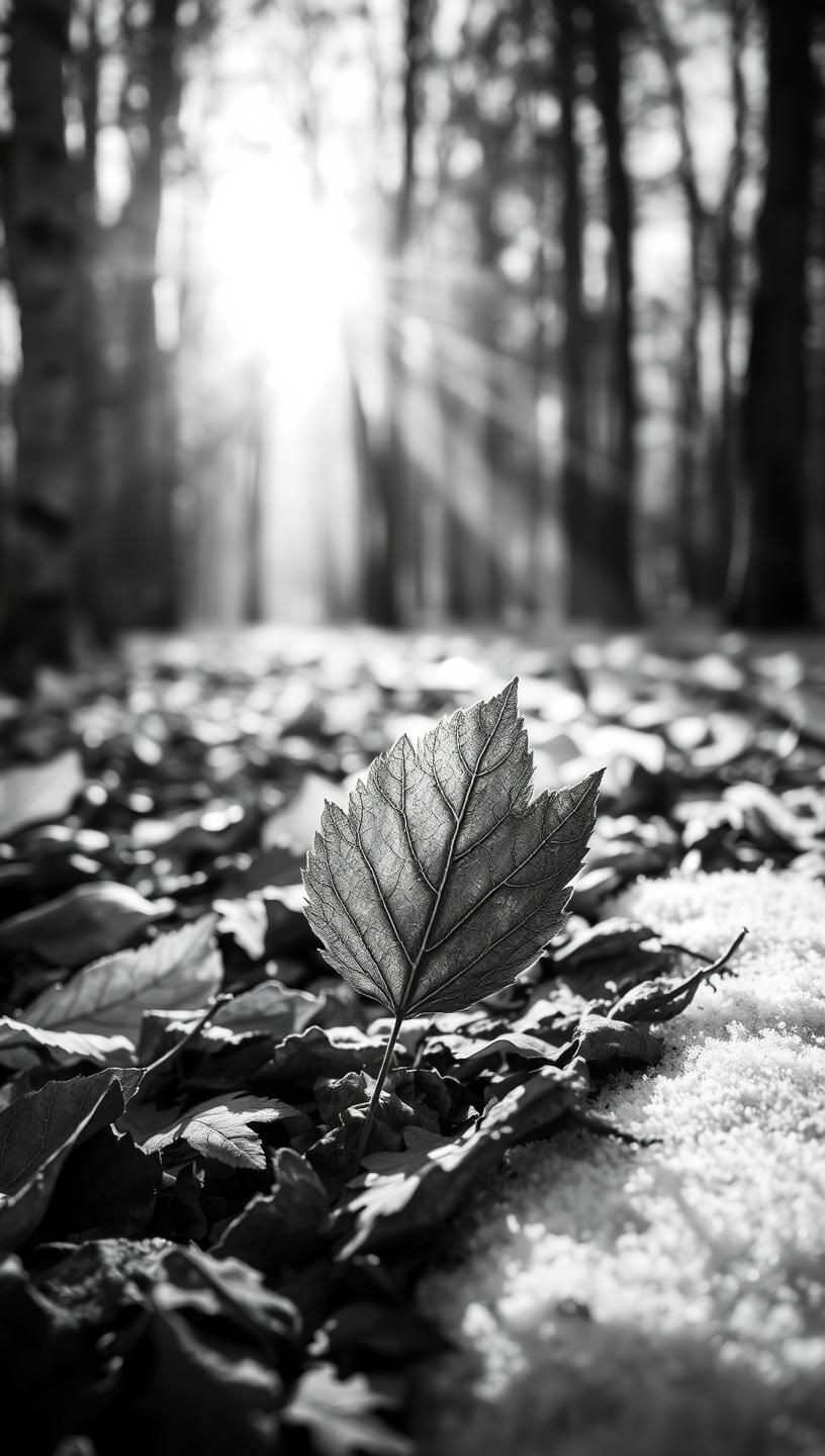 Monochrome Winter Forest Floor: Dreamy B&W Leaf in Snow, Bokeh Sunlight, 8K
 | Unfold Lens