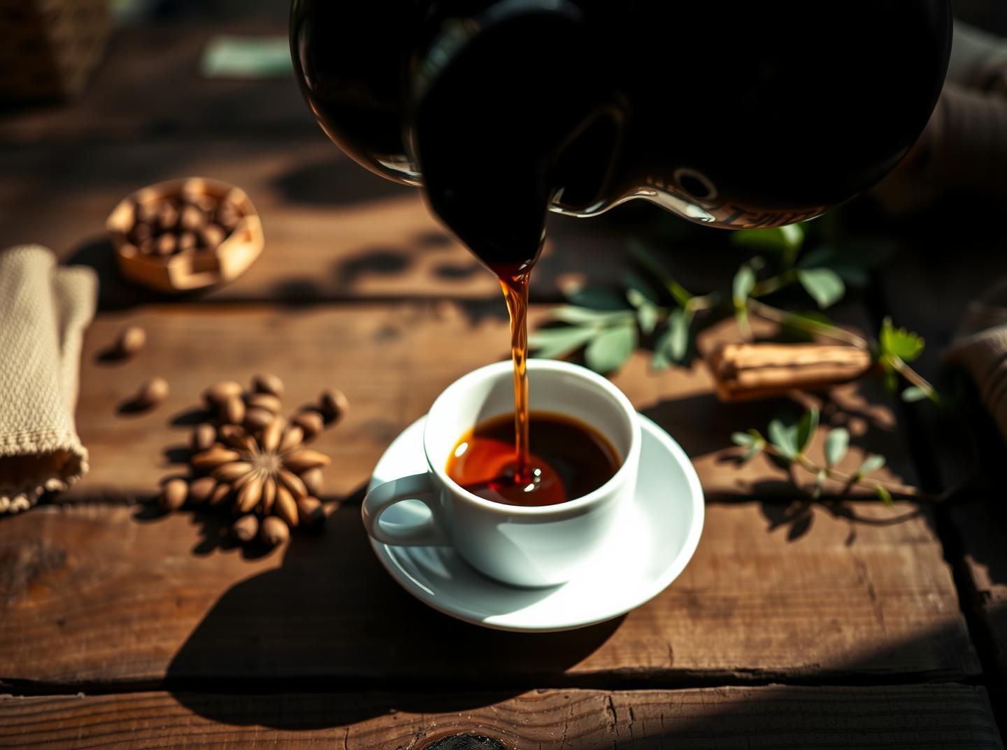 Moody Espresso Pour in White Cup: Rustic Picnic Scene, 8K High-Res Photo
 | Unfold Lens