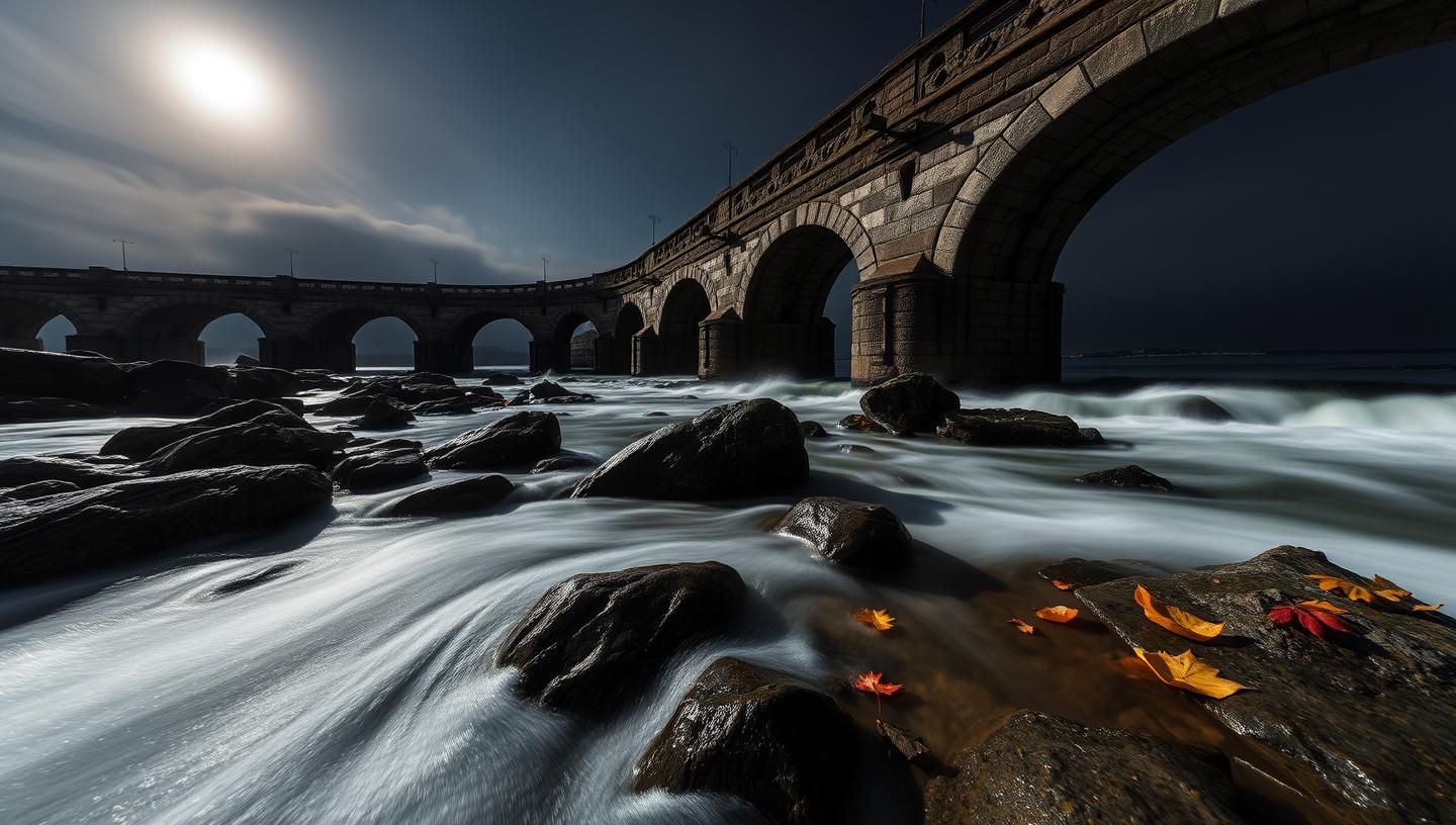 Moody long exposure stone bridge river flow. Ethereal, autumn. Night photo
 | Unfold Lens