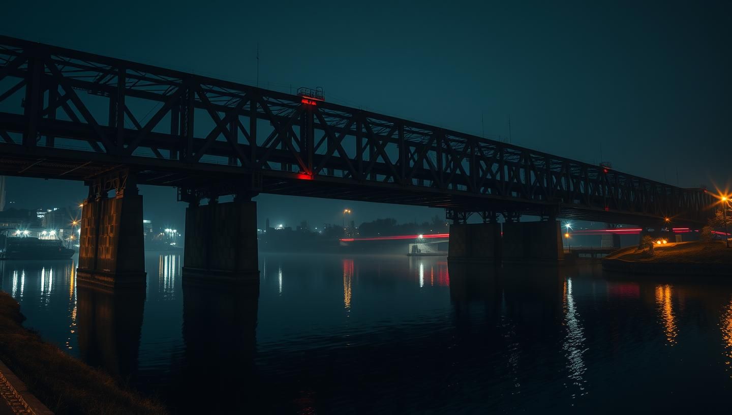Moody Nightscape: Historic Railway Bridge Lights Reflecting on Tranquil Water 8K | Unfold Lens