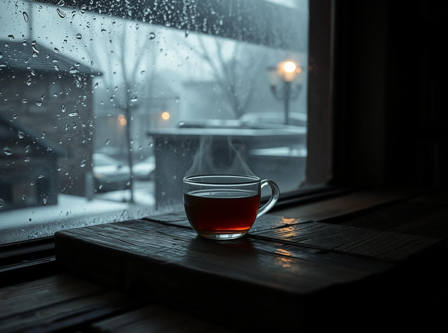 Moody Tea Still Life: Rainy Window, Cozy Winter Serenity, Sepia Tone
 | Unfold Lens