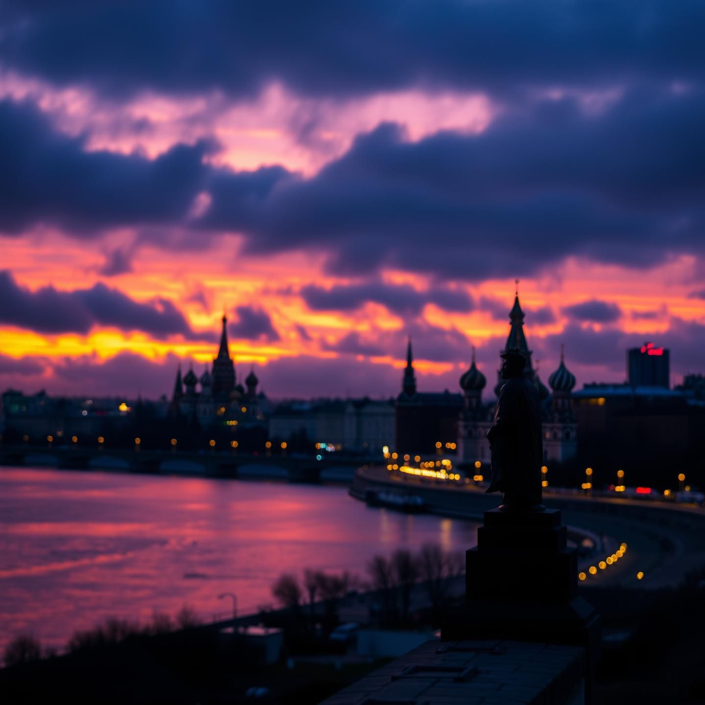 Moscow at Blue Hour: Fiery Sunset Silhouettes St. Basil's Cathedral (8k) | Unfold Lens