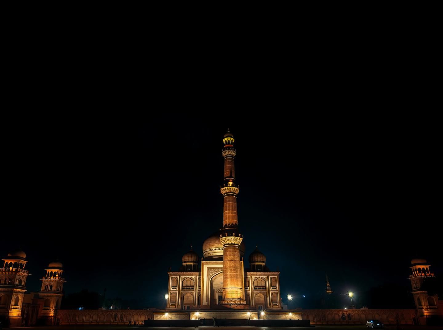 Mughal Minaret at Night: Inspiring Faith & Modern Cityscape - 8K Resolution
 | Unfold Lens
