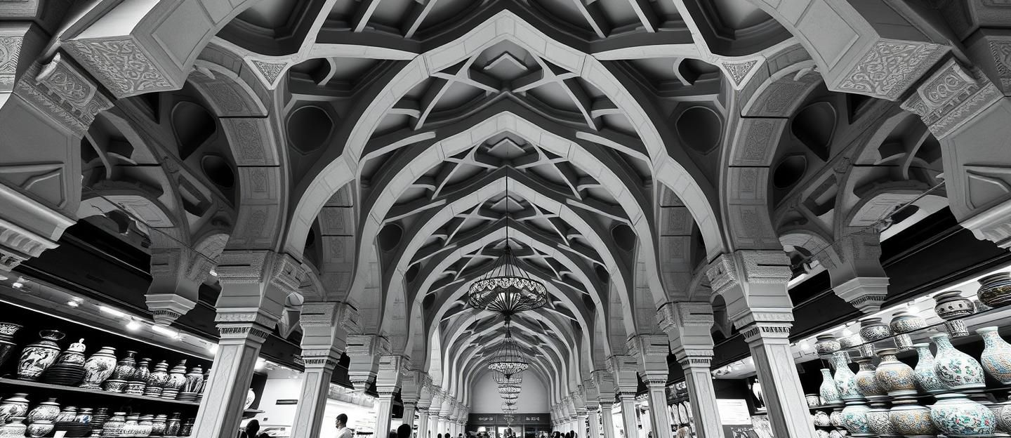 Muqarnas Vault: Symmetrical Arabesque, High-Res B&W Geometry & Vibrant Ceramics | Unfold Lens