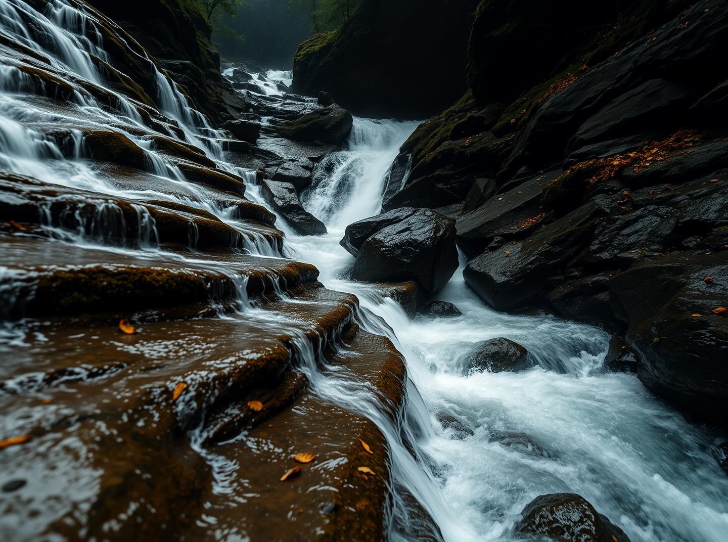 Mystical Canyon Cascade: Mossy Rocks, Ethereal White Water, Shadowed Forest, 8K
 | Unfold Lens