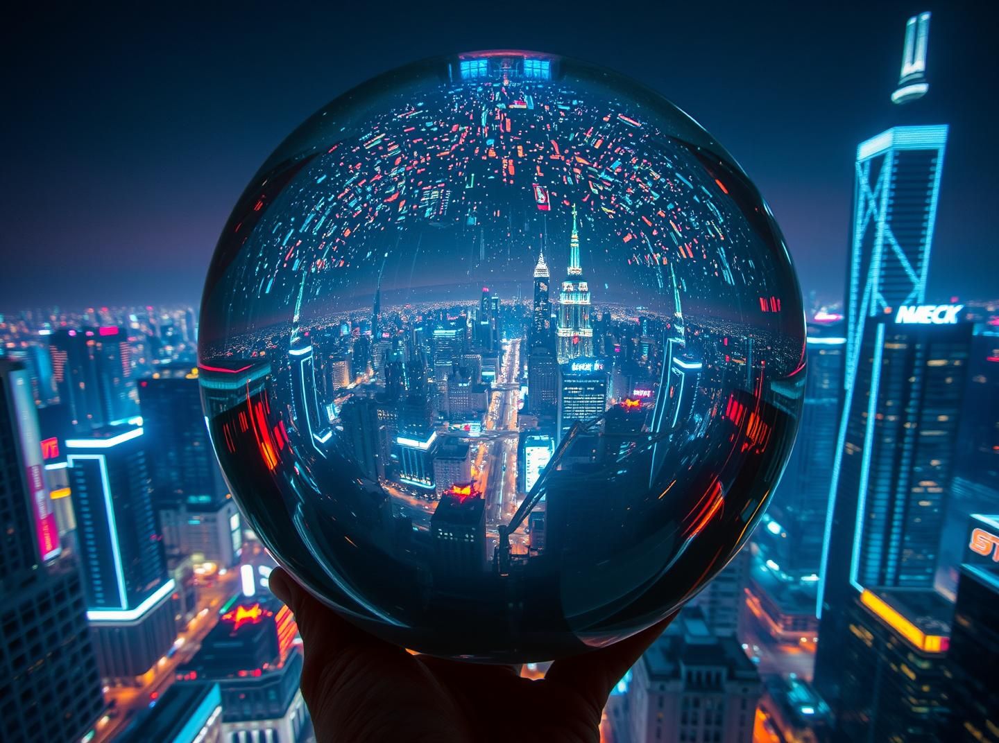 Neon City Lensball Sunset: Urban Reflection, Blade Runner Inspiration 8K 
 | Unfold Lens