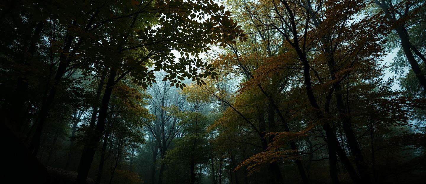 New England Autumn Canopy: Glowing Green Leaves in Moody, Fairy-Tale Forest
 | Unfold Lens