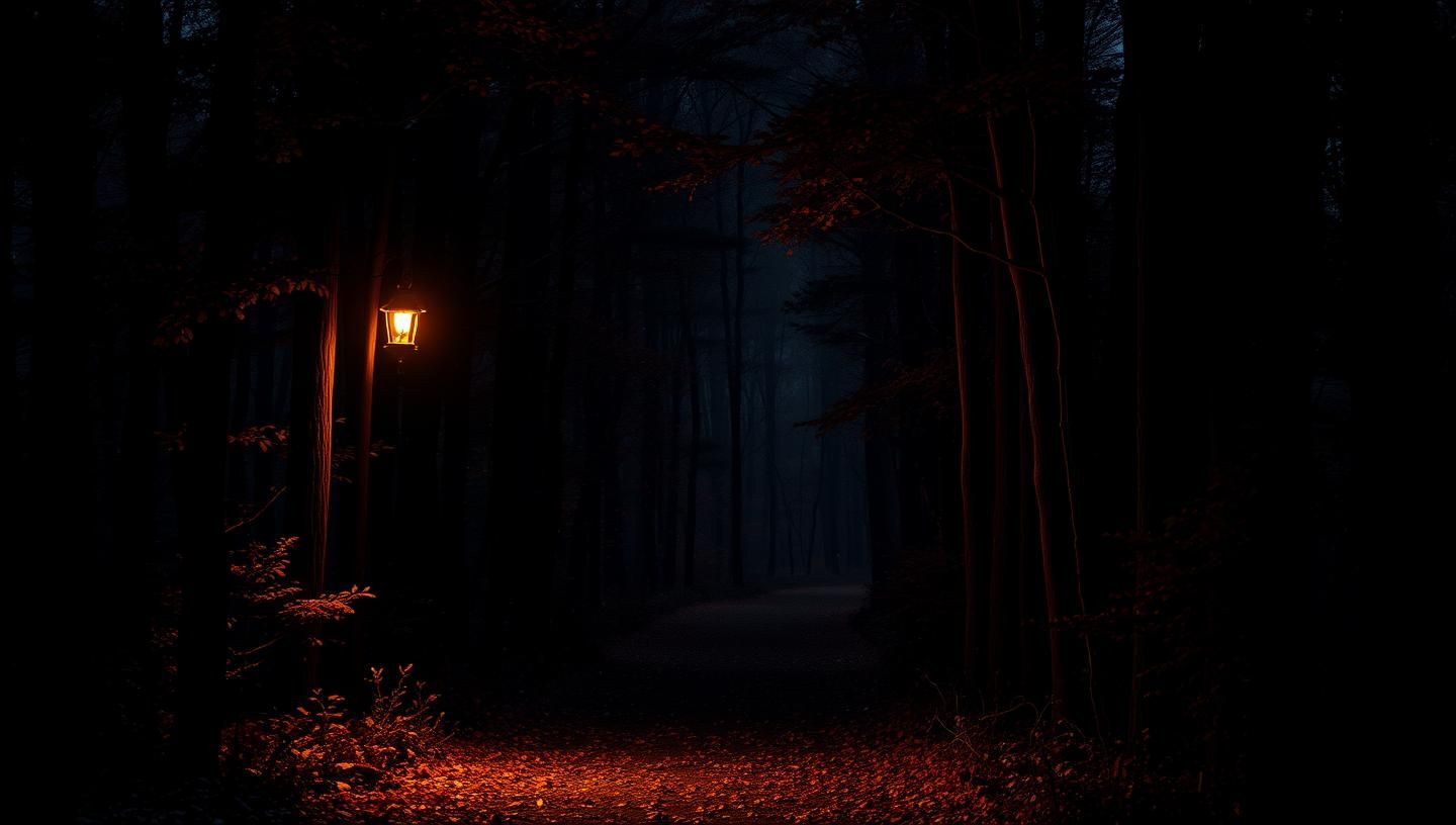 New England Autumn Forest Path: Atmospheric Snowfall & Lantern Glow in 8K
 | Unfold Lens