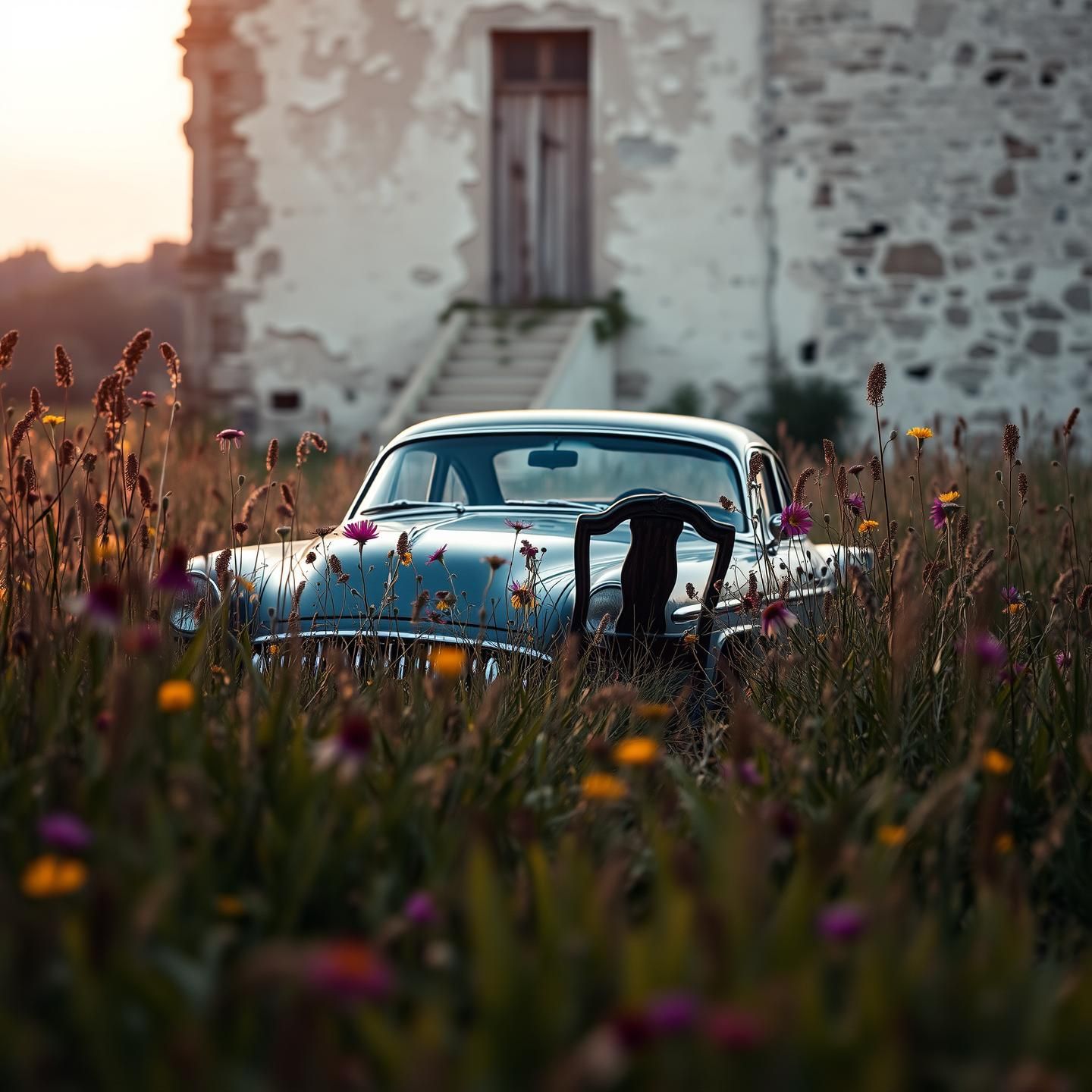 Nostalgic Car in Wildflowers: Dreamy Sunset Scene, European Charm, 8K Art | Unfold Lens