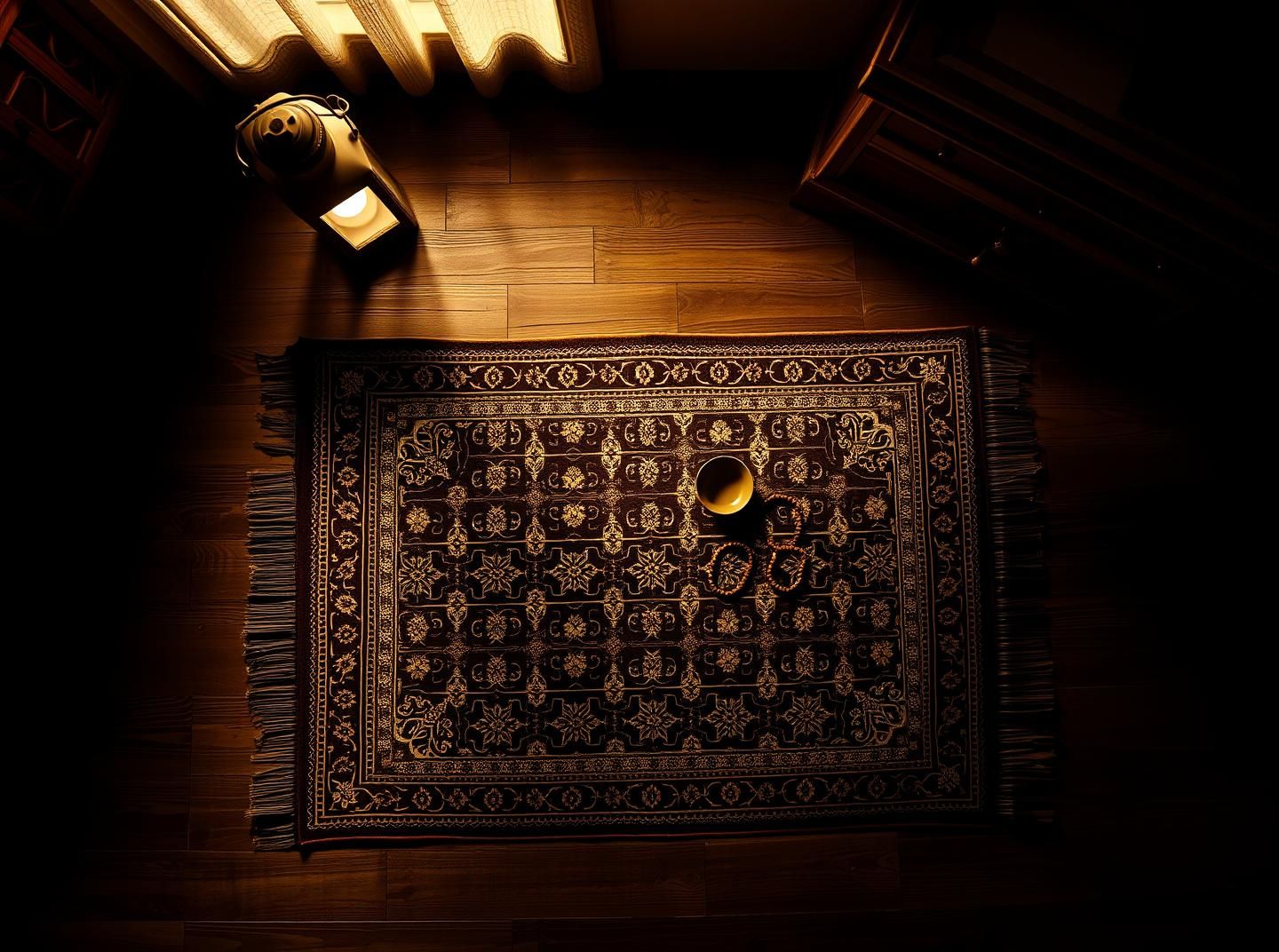 Nostalgic Prayer Rug Still Life: Warm Light, Intricate Details, Spiritual History | Unfold Lens