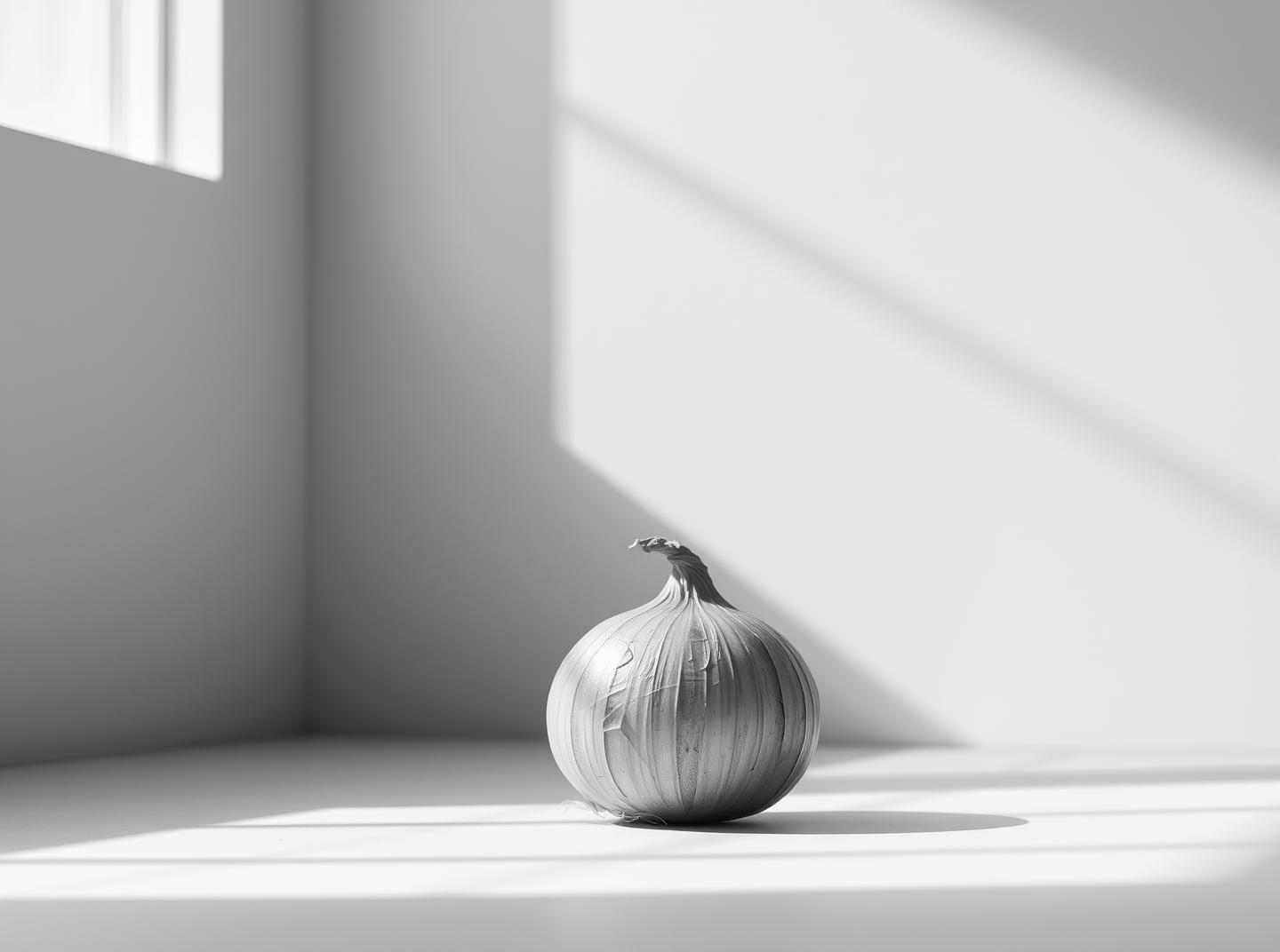 Onion Still Life: Minimalist Black & White Art, Dramatic Light & Shadow, 8K
 | Unfold Lens