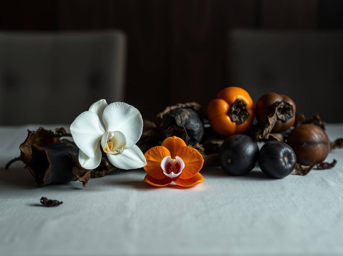 Orchid Still Life: Purity Amidst Decay - Inspiring Solitude & Hope in Darkness
 | Unfold Lens