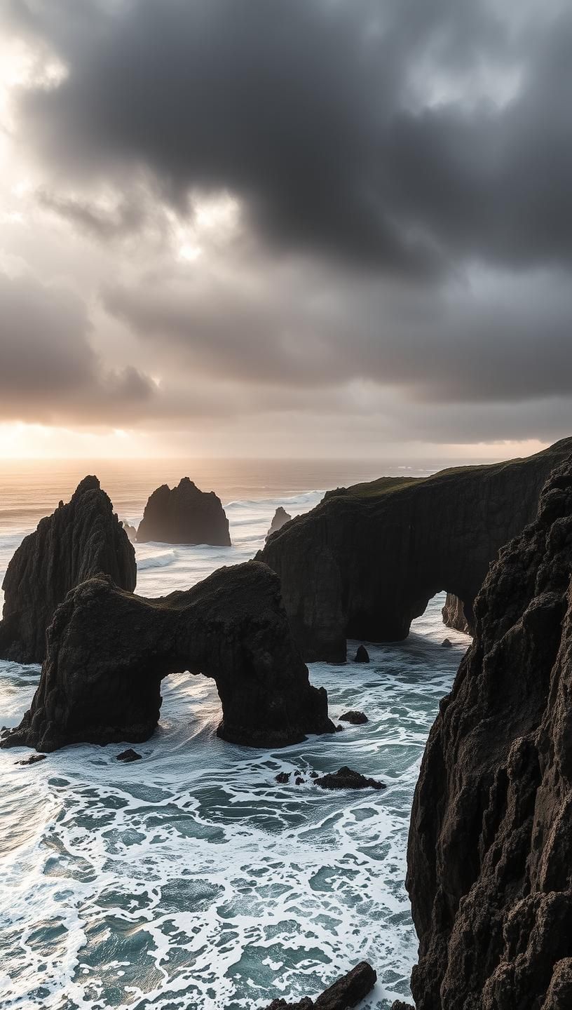 Oregon Coast: Stormy Light on Basalt Cliffs - Turbulent Seas & Sunset Glow | Unfold Lens
