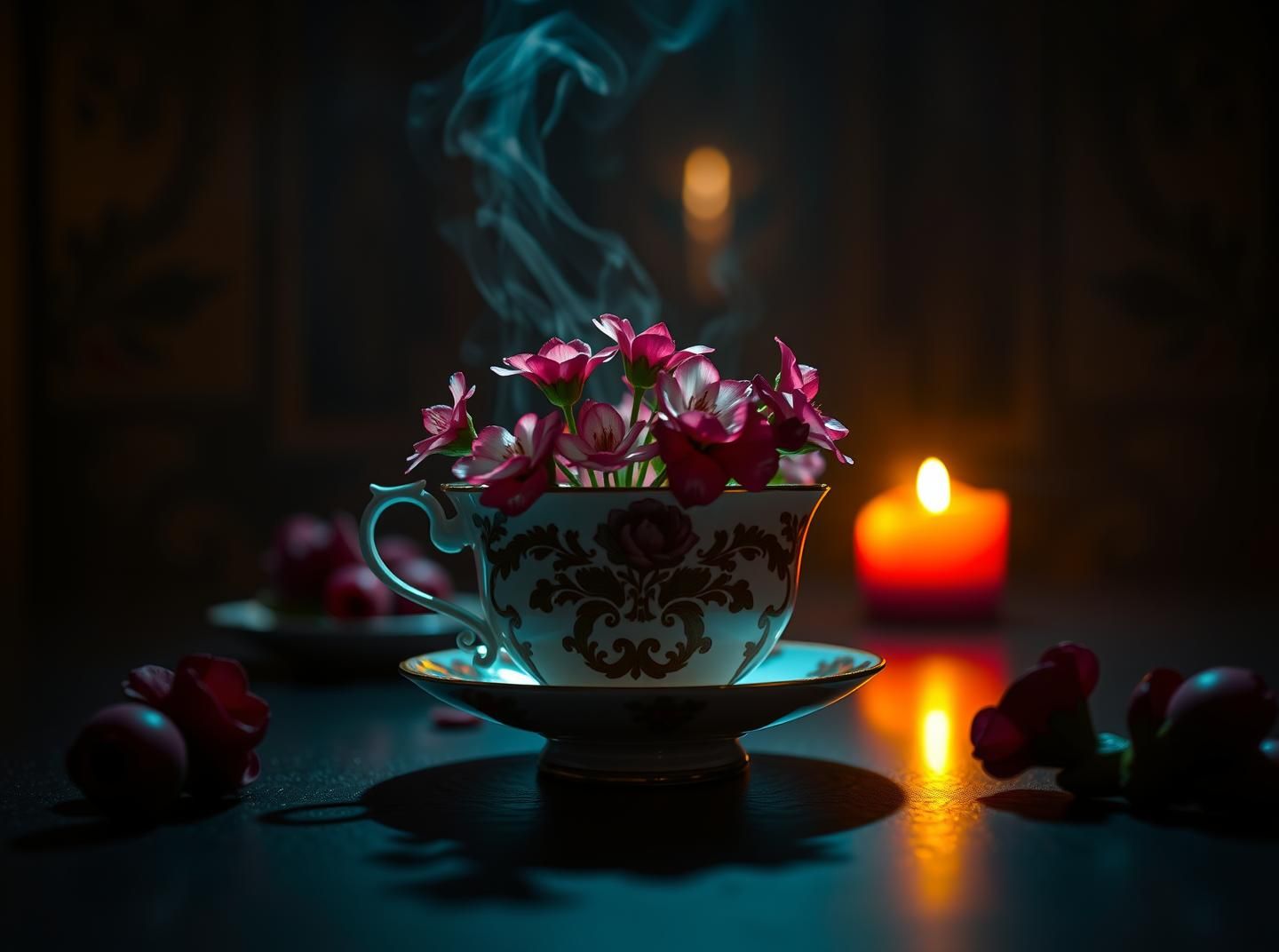 Ornate Teacup Candlelight: Moody Ritual, Symbolic Bloom, 8K Aesthetic
 | Unfold Lens