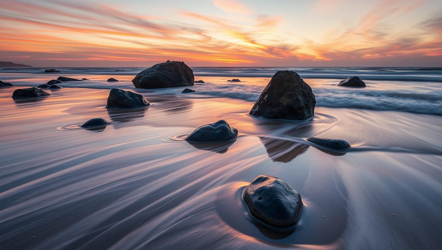 Otago Coast Sunset: Fiery Skies & Golden Sand - New Zealand Seascape in 8K
 | Unfold Lens