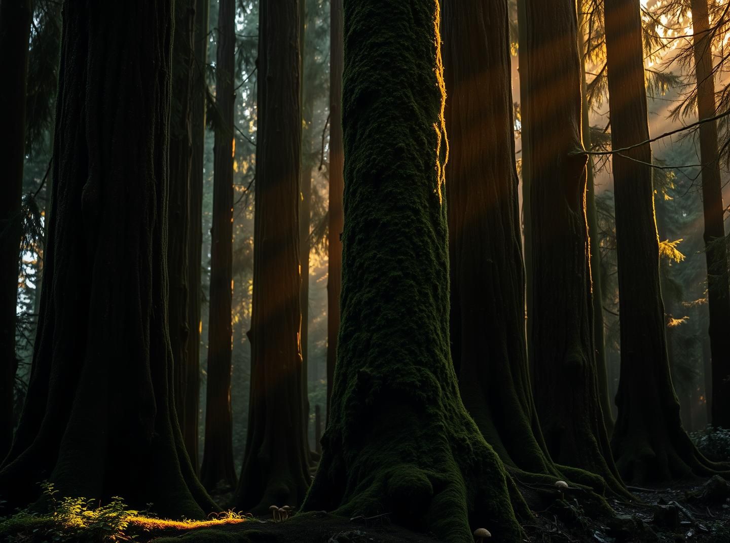 Pacific Northwest Rainforest: Golden Light on Mossy Trees, 8K Photo
 | Unfold Lens