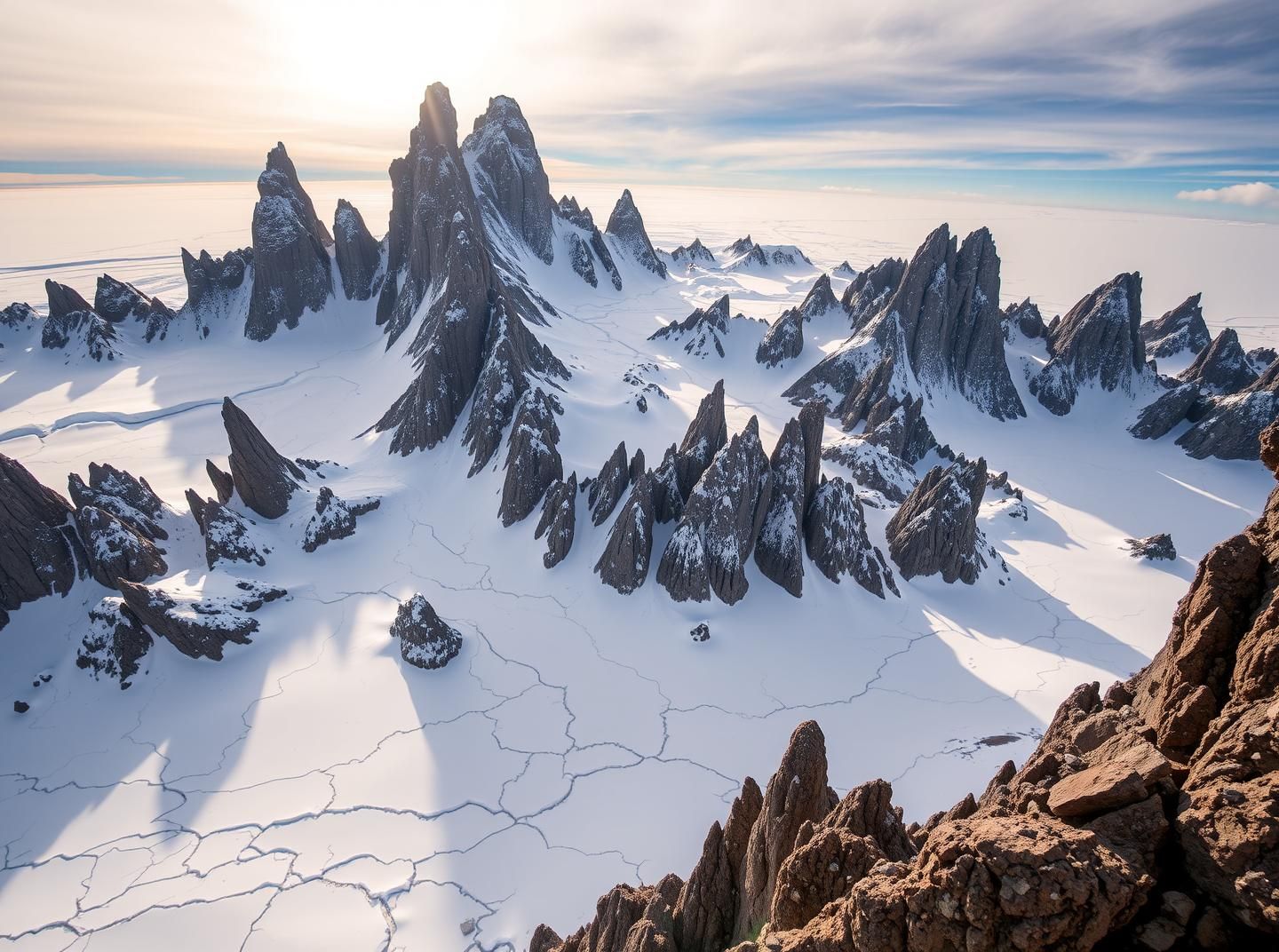 Patagonia Glacier Pinnacles: Ethereal Ice Towers in Golden Hour, Inspiring Landscape
 | Unfold Lens