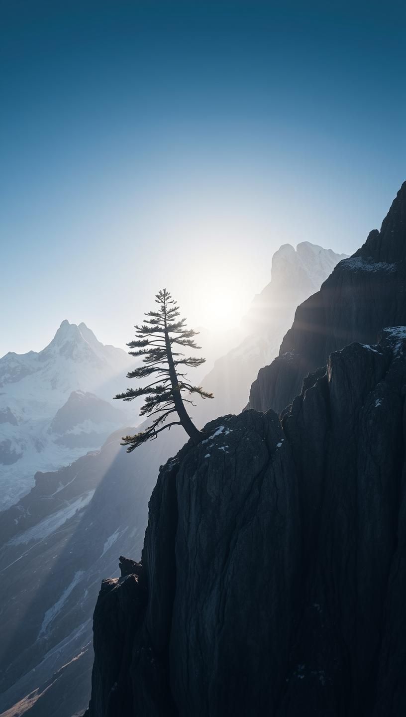 Patagonian Andes Lone Pine Sunrise: Inspiring Cliffside Resilience - 8K Drone Shot
 | Unfold Lens