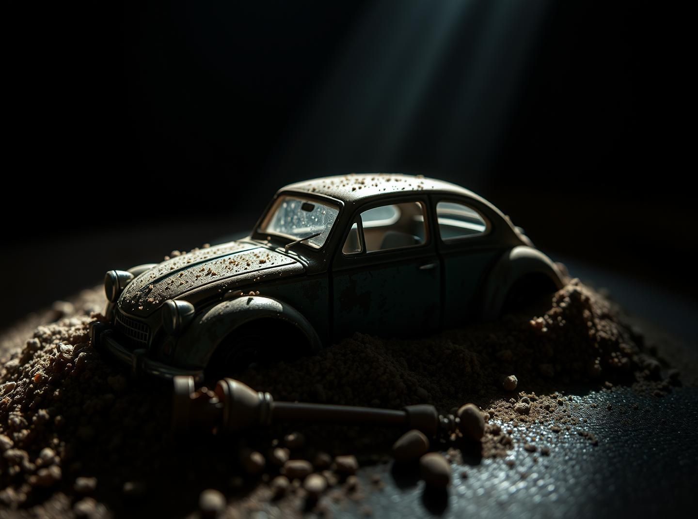 Patina Toy Car Buried In Sand: Nostalgic Childhood Memories, Elegant Shadows | Unfold Lens