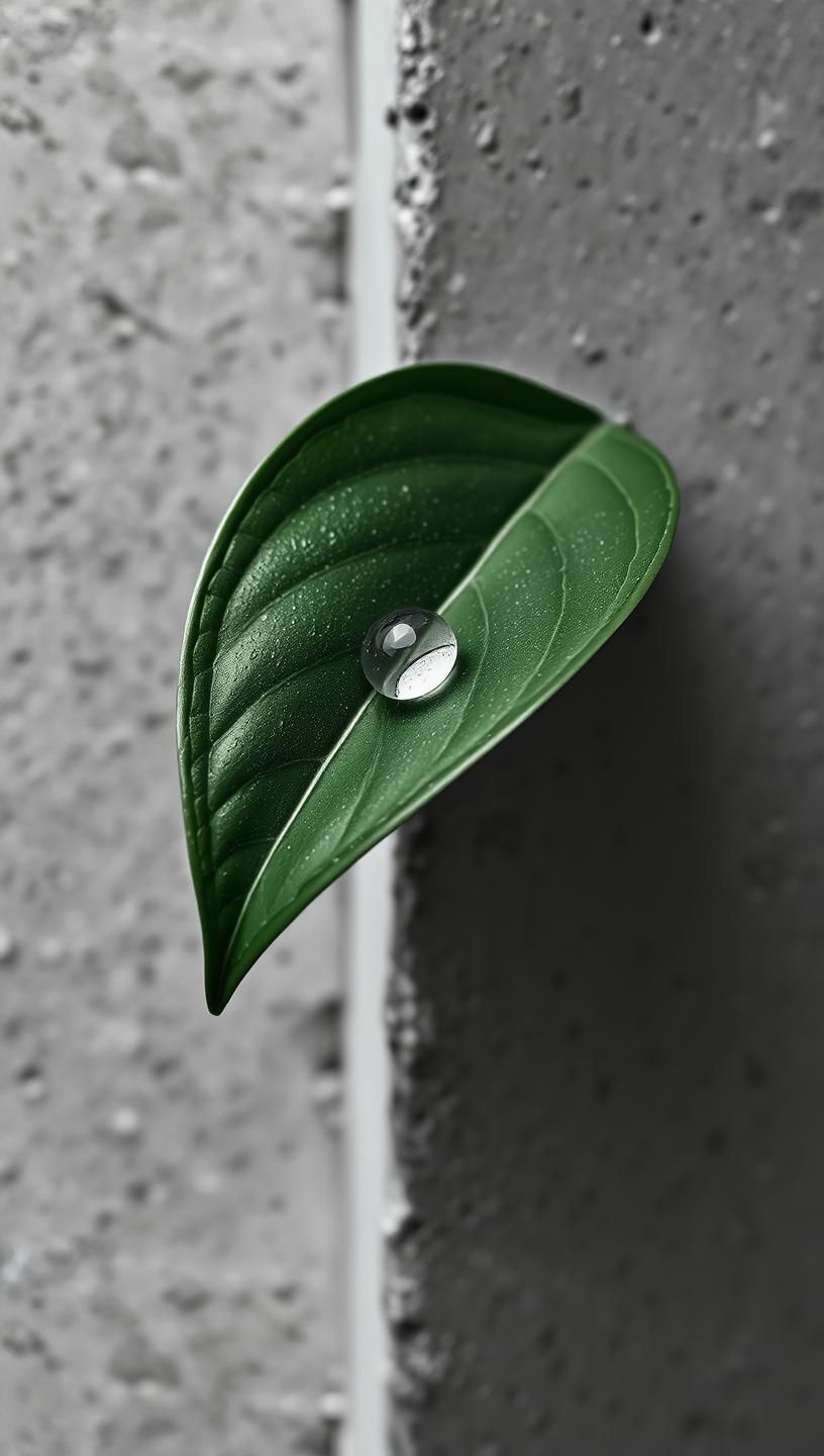 Perfect Water Droplet on Leaf: Minimalist Black & White Photo, 8k Masterpiece | Unfold Lens