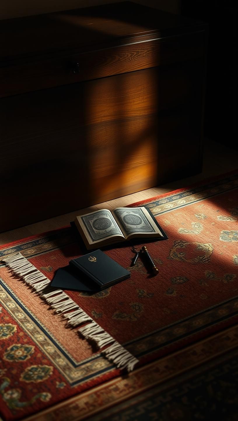 Persian Rug, Quran, Tasbih & Prayer Rug: Spiritual Still Life in Ambient Light | Unfold Lens