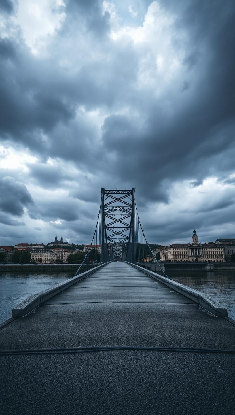 Prague's Steel Bridge: Minimalist Elegance in Stormy Weather, High-Res 8K Photo | Unfold Lens
