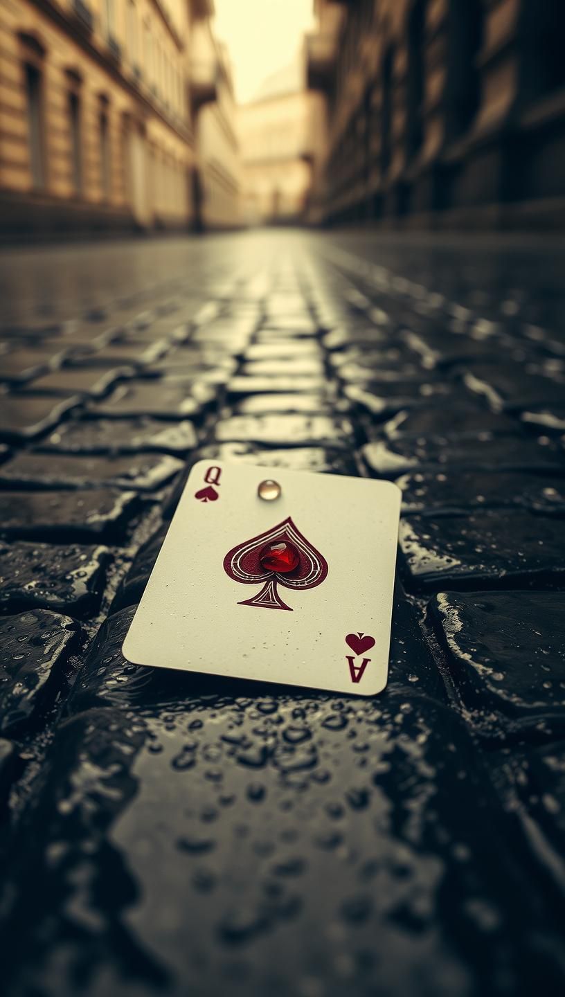 Queen of Spades in Rain: Nostalgic Cobblestone Card Game - High-Res 8K 
 | Unfold Lens