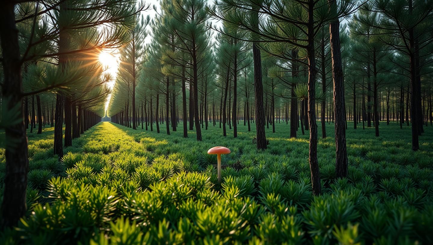 Radiant Pine Plantation: Forest Symphony, Red Mushroom Accent, High-Res 8K
 | Unfold Lens