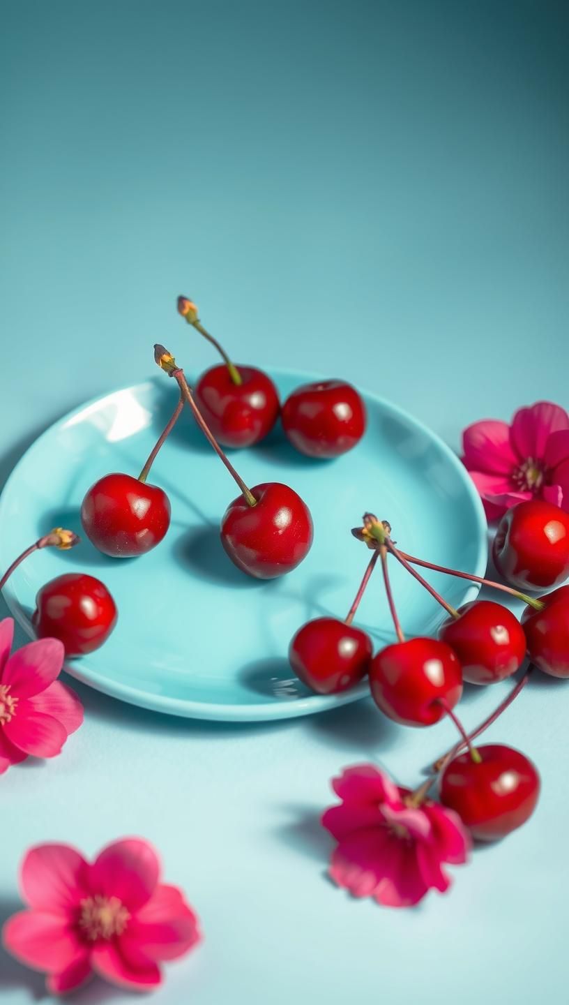 Radiant Red Cherries Still Life: High-Key Botanical Art in 8K Resolution | Unfold Lens