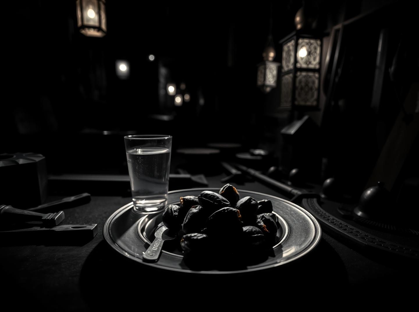 Ramadan Iftar Still Life: Dates, Water, Tasbih in Spiritual Workshop - 8K
 | Unfold Lens