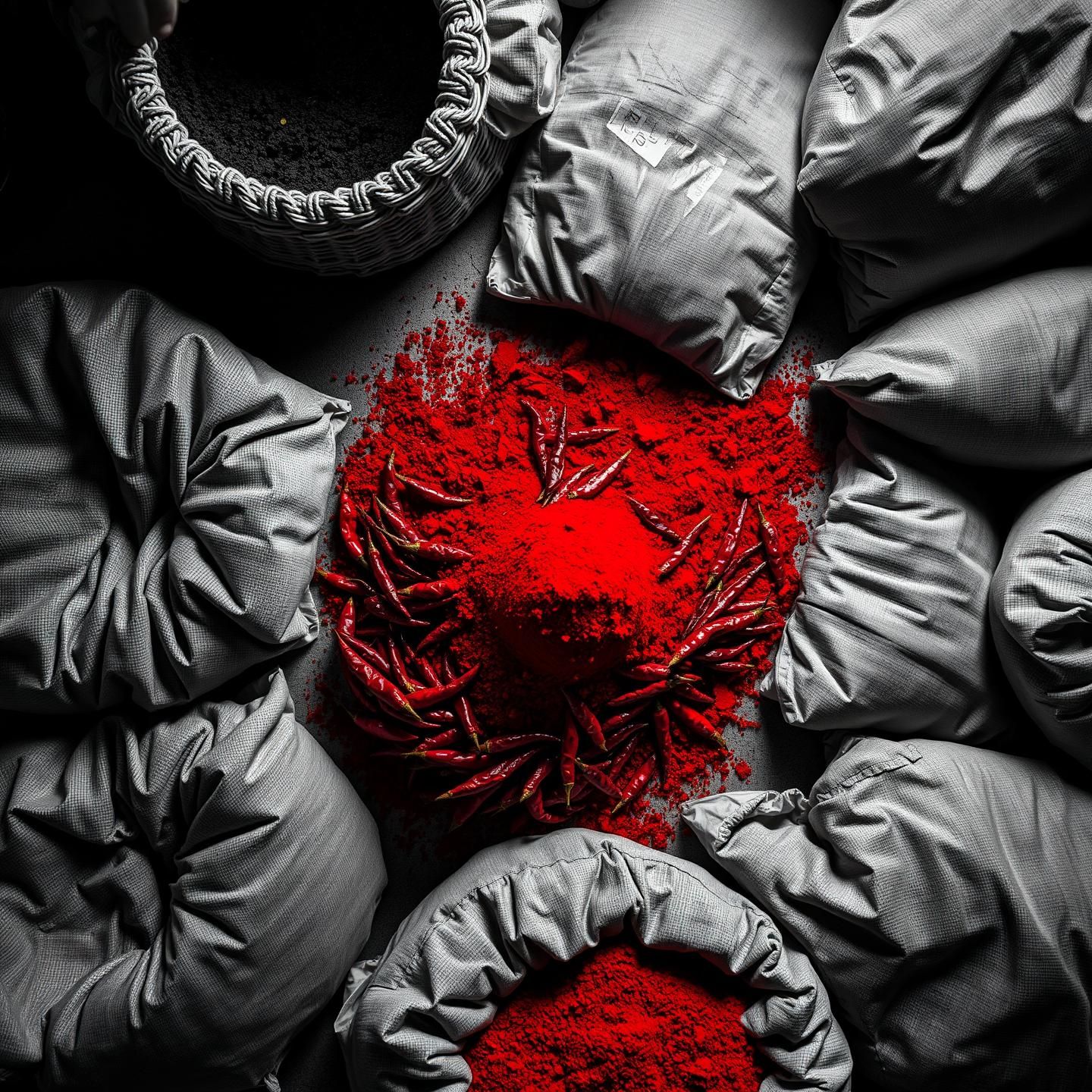 Red Chili Powder Explosion: Achromatic Spice Market Fine Art - 8K Photography | Unfold Lens