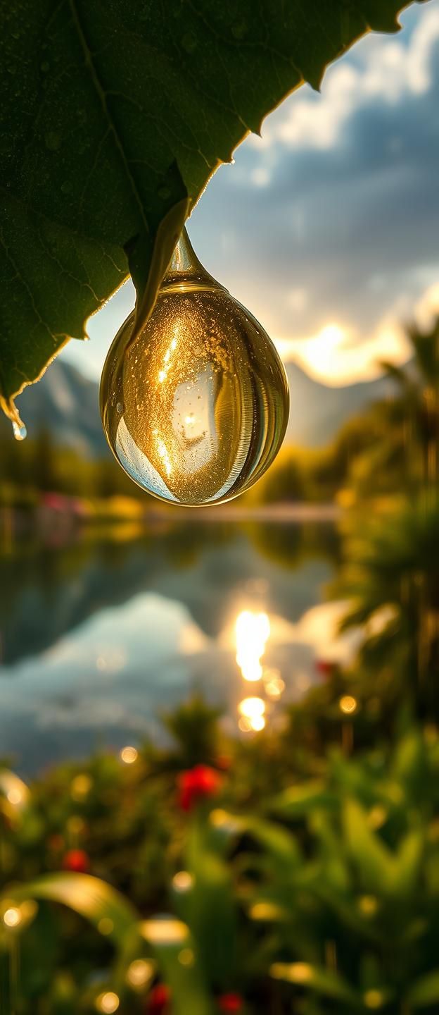 Refracted World: Raindrop on Leaf Reflects Alpine Lake, Golden Light, 8k Nature Art | Unfold Lens